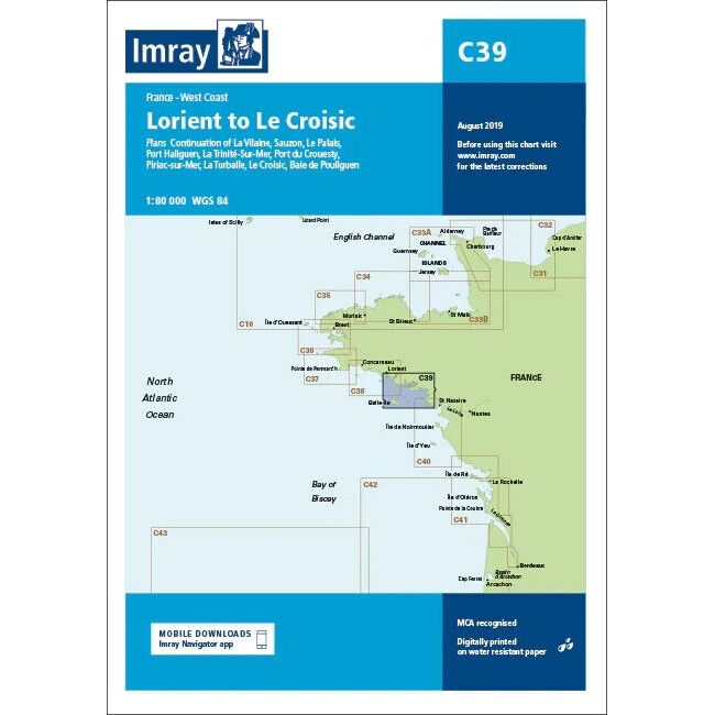 The Imray Chart C39, "Lorient to Le Croisic," is a nautical map of the France West Coast featuring ports, marinas, and key locations. Printed on durable Pretex paper with a scale of 1:80,000 and an Imray logo displayed in a blue sidebar. Dated August 2019, this is an ideal navigation chart for North West Europe enthusiasts exploring Lorient and Saint-Nazaire.