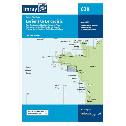 The Imray Chart C39, "Lorient to Le Croisic," is a nautical map of the France West Coast featuring ports, marinas, and key locations. Printed on durable Pretex paper with a scale of 1:80,000 and an Imray logo displayed in a blue sidebar. Dated August 2019, this is an ideal navigation chart for North West Europe enthusiasts exploring Lorient and Saint-Nazaire.