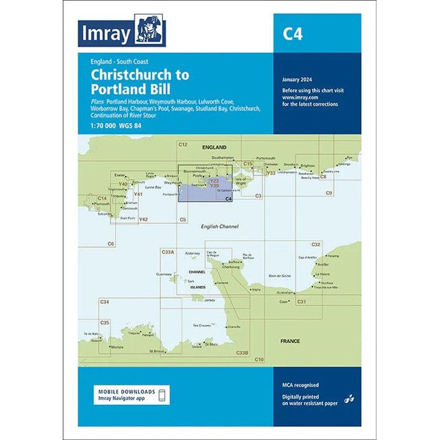 Introducing the Imray Chart C4 | Christchurch to Portland Bill by Imray, a navigation chart that features areas such as Portland Harbour, Weymouth Harbour, Lulworth Cove, and more. This North West Europe nautical chart is printed on durable Pretex paper and includes geographical coordinates along with a note about the January 2024 corrections edition.