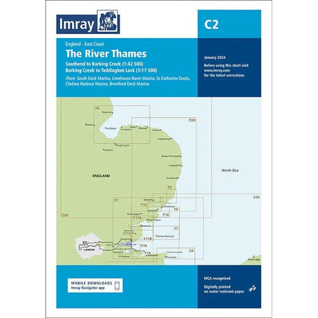 The newly released Imray Chart C2, titled "The River Thames" by Imray, covers the river from Southend to Barking Creek and from Barking Creek to Teddington Lock. Printed on durable Pretex paper, it includes plans of South Dock Marina, Limehouse Basin Marina, and several other docks and marinas.