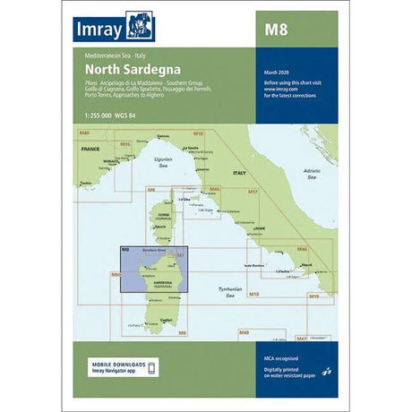 The Imray Chart M8 titled "North Sardegna" covers the northern part of Sardinia, Italy, showcasing routes, ports, and surrounding areas including France, Italy, and other Mediterranean regions. This latest edition from Imray is printed on durable Pretex paper and includes map scales and download instructions.