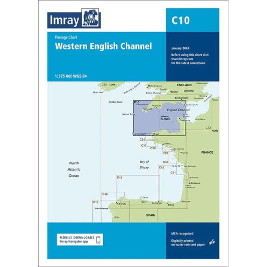 Imray Chart C10, the Western English Channel Passage Chart by Imray, for January 2024 highlights navigation across England, France, and Spain with comprehensive navigation details and corrections. Featuring charts on durable Pretex paper and available for digital download—perfect for North West Europe navigation.