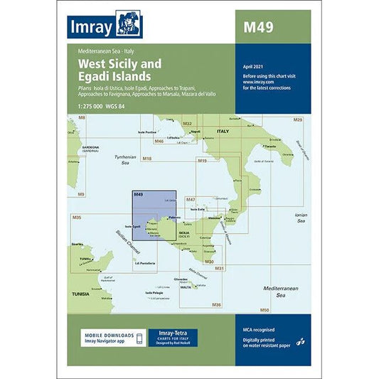 The "Imray Chart M49 | West Sicily and Egadi Islands," from the Imray M Series, covers Mediterranean navigation charts around Sicily. It includes detailed plans for Isla di Ustica, Isole Egadi, approaches to Trapani, Marsala, and Mazara del Vallo. Printed on durable Pretex paper, this chart is dated April 2021.