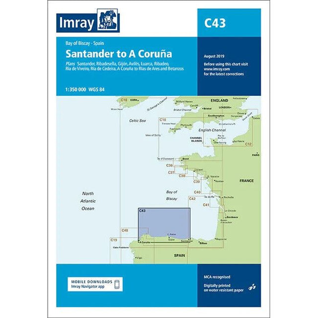 The Imray Chart C43 | Santander to A Coruña by Imray is a nautical chart covering the Bay of Biscay, northern Spain, and parts of France and England. Printed on durable Pretex paper, it includes detailed information about the chart's components and updates, map scales, and offers digital download options. This chart is ideal for those navigating North West Europe.