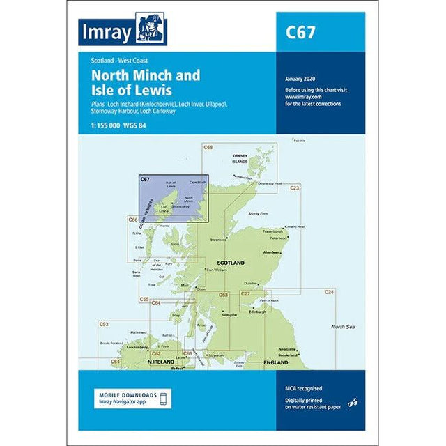 A durable maritime chart by Imray, officially named "Imray Chart C67 | North Minch and Isle of Lewis," updated in January 2020. It features various plans including Loch Inchard and Ullapool. The chart covers the west coast of Scotland with detailed navigational information ideal for offshore and inshore passage.