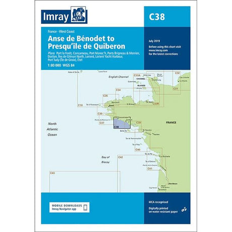 The Imray Chart C38, covering the west coast of France from Anse de Bénodet to Presqu'île de Quiberon, is a durable Pretex paper nautical chart. It includes coordinates, key areas, and details for maritime navigation. The latest edition from July 2019 also features mobile download information.