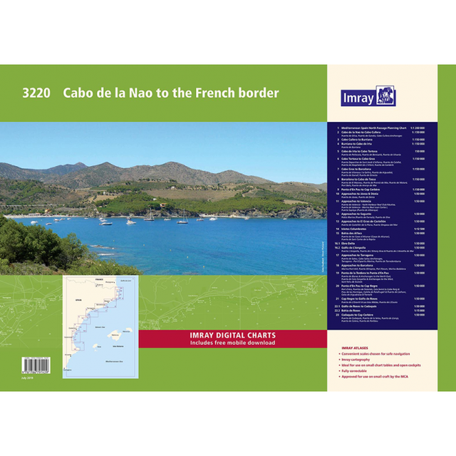 The Imray Chart Pack 3220, titled "Cabo De La Nao to the French Border" by Imray, features a coastal landscape with hills and boats on water, showcasing Mediterranean Spain. It includes a list of coordinates, a green map segment, a promotional section for Imray digital charts, and a small route map in the bottom left corner.