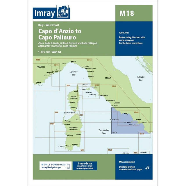 The Imray Chart M18, titled "Capo d'Anzio to Capo Palinuro," covers Italy's west coast. This durable Pretex paper nautical chart from Imray showcases detailed maritime navigation routes, coastal features, grids, and markings for sailors. Additional text boxes offer information about updates and mobile downloads.