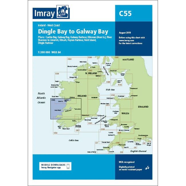 The Imray Chart C55, titled "Dingle Bay to Galway Bay," covers the west coast of Ireland with detailed maps of various bays, harbors, and islands. It includes comprehensive navigation notes. The latest edition is printed on durable Pretex paper, and the blue and white cover features the Imray logo along with the chart number C55.