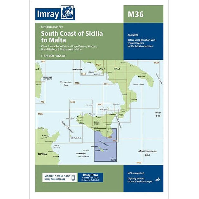 The Imray Chart M36 | South Coast of Sicilia to Malta by Imray features detailed sailing routes, geographic coordinates, and sea depths. It highlights ports such as Licata, Porto Palo, Capo Passero, Siracusa, and Grand Harbour in Malta. This chart is printed on durable Pretex paper with the latest updates as of April 2020 and has a scale of 1:275,000.