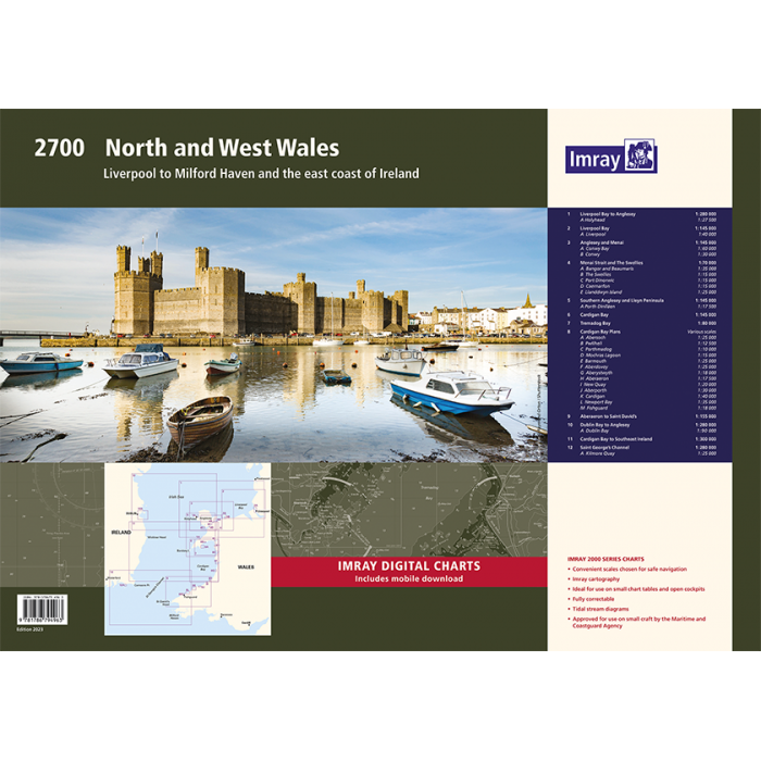 The Imray Chart Pack 2700 | North and West Wales by Imray boasts a detailed cover showcasing a harbor scene with boats, a historic castle, an excerpt from the map, and an extensive index. Utilizing UKHO data, this chart pack includes navigation routes from Liverpool to Milford Haven and the east coast of Ireland.