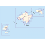 A detailed map from the Imray Chart Pack 3200 | Islas Baleares by Imray, illustrating Mallorca, Menorca, Ibiza, Formentera, and Cabrera. The cruising ground is segmented into numbered grids with clearly marked coastal lines and boundaries for each island against a blue background. Ideal for navigating using Imray's digital charts.