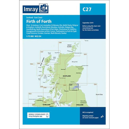 The Imray Chart C27 | Firth of Forth by Imray is a nautical chart covering the Scotland East Coast, specifically the Firth of Forth. The latest edition includes detailed insets of ports such as St Andrews, Granton, and North Berwick. Ideal for offshore passages, this up-to-date chart from September 2019 is part of the North West Europe charts collection.