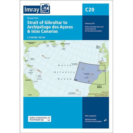 The Imray Chart C20, titled "Strait of Gibraltar to Archipélago dos Açores," by Imray, is printed on durable Pretex paper with a scale of 1:2,500,000 using the WGS 84 standard. It includes navigation information and highlights areas covering parts of the North Atlantic Ocean.