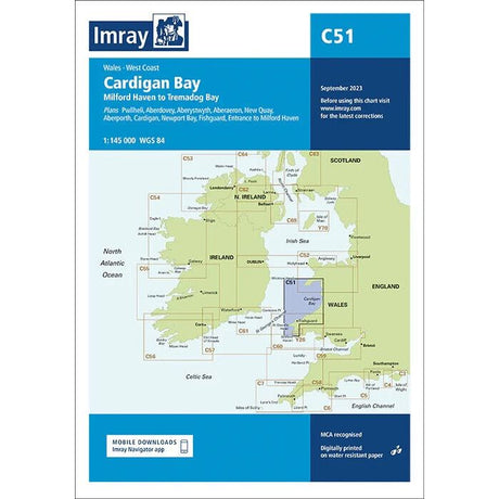 An Imray Chart titled "Imray Chart C51 | Cardigan Bay" by Imray covers the coastline from Milford Haven to Tremadog Bay. This nautical chart, printed on durable Pretex paper, includes various plans and details of Wales' West Coast. It features a scale of 1:145,000 and was updated in September 2023.