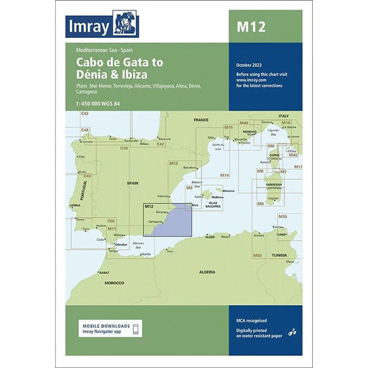 The Imray Chart M12, titled "Cabo de Gata to Dénia and Ibiza," covers areas such as Mar Menor, Torrevieja, Alicante, Villajoyosa, Altea, and Cartagena. Designed by Imray for offshore navigation with Mediterranean charts at a scale of 1:450,000 using WGS 84. Revised in October 2023.