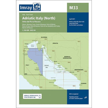 The Imray Chart M33 | Adriatic Italy (North) by Imray is a nautical chart of the northern Adriatic Sea, focusing on the east coast of Italy. It covers the Delta del Po to Pescara and includes ports in both Italy and Croatia. Featuring detailed topography at a map scale of 1:350,000, this latest edition is printed on durable Pretex paper.