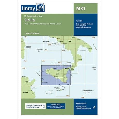 Imray Chart M31 | Sicily by Imray displays a detailed map of Sicily, Italy, highlighting the surrounding regions and major waterways in the Mediterranean Sea. The cover includes text about charting details and focuses on the region, with a specific rectangle of the sea area emphasized for navigation information. It is printed on durable Pretex paper for longevity.