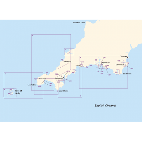 Title: Imray Chart Pack 2400 | The West Country by Imray

Description: This chart pack features a detailed map of the southern coast of England, displaying navigation charts from Hartland Point to the Isles of Scilly, based on UKHO data. Key locations included are Torquay, Dartmouth, Plymouth, Fowey, Falmouth, Penzance, Land's End, and Start Point. The English Channel is depicted at the bottom for comprehensive maritime guidance.