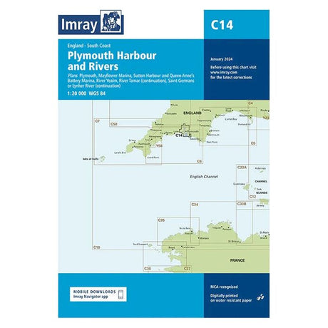 An Imray navigation chart titled "Imray Chart C14 | Plymouth Harbour and Rivers," part of the North West Europe navigation charts collection, detailing the South Coast of England. It includes Plymouth, Millbay, Sutton Harbour, Queen Anne's Battery, Kingsbridge, River Yealm, River Tamar, and Saint Germans. The chart code is C14.