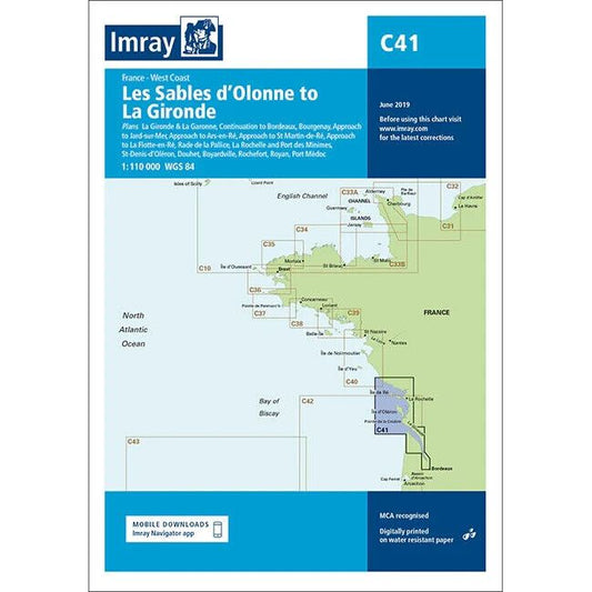 The Imray Chart C41, titled "Les Sables d'Olonne to La Gironde," is a nautical chart that details the west coast of France. Created by Imray, it is ideal for offshore passages and inshore navigation, covering the Gironde and La Charente with indications of marinas and coastal features. It includes geographical and grid references for precise navigation.