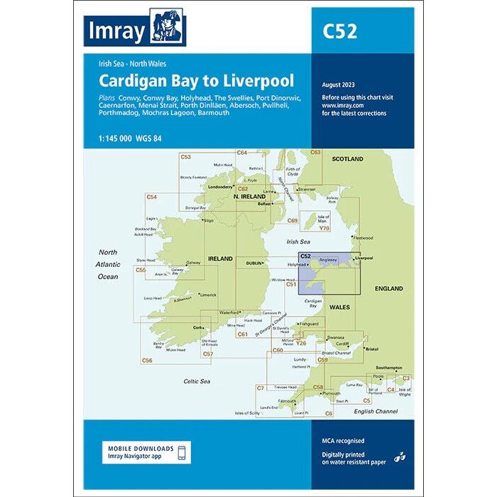 Imray Chart C52, titled "Cardigan Bay to Liverpool," features nautical details in blue and green shades. Crafted from durable Pretex paper, it covers sections of the Irish Sea, North Wales, and northwest England. The chart highlights key areas around Liverpool, Conwy, and other coastal regions for both offshore and inshore navigation. It is labeled with the Imray brand name.