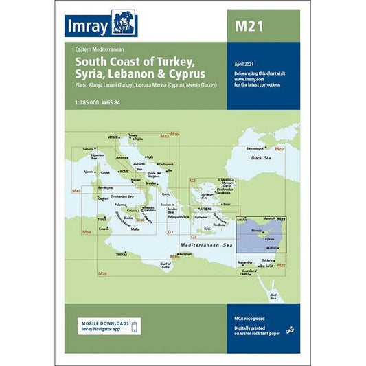 The Imray Chart M21 | South Coast Turkey, Syria, Lebanon and Cyprus by Imray is ideal for offshore navigation in these areas. It includes detailed plans for Alanya Limani (Turkey), Larnaca Marina (Cyprus), and Mersin (Turkey). This latest edition, updated with relevant maritime information as of April 2021, is essential for navigators exploring these coastal regions.