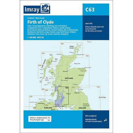 The "Imray Chart C63 | Firth of Clyde" by Imray covers the west coast of Scotland and is printed on durable Pretex paper for offshore navigation. The chart features various ports and harbors including Campbeltown, Tarbert, and Rothesay. It is scaled at 1:160,000 using the WGS84 datum, with the edition published in April 2020.