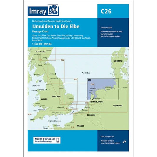 The Imray Chart C26, titled "IJmuiden to Die Elbe," is an essential nautical chart by Imray that covers the Netherlands and German North Sea coasts. Ideal for offshore navigation, it includes detailed areas like IJmuiden, Den Helder, Vlie, Texelcheiling, Lauwersoog, Borkum, and Die Elbe. This durable Pretex paper chart offers a scale of 1:345,000 and features insets for additional detail.