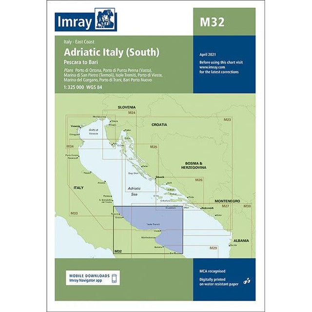 A protective cover for Imray Chart M32, titled "Adriatic Italy (South)," detailing the region from Pescara to Bari and nearby areas. This April 2021 edition, printed on durable Pretex paper, highlights various ports and marinas. An inset map provides detailed offshore navigation routes.