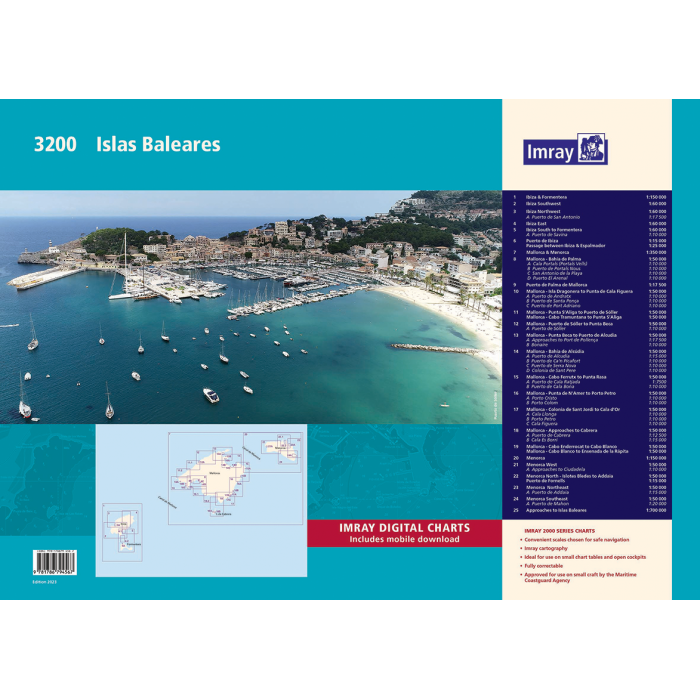 The Imray Chart Pack 3200 | Islas Baleares by Imray features a cover with an aerial view of a coastal marina filled with yachts and boats, set against a backdrop of a city and hills. The right side displays chart details along with corresponding images, and there is an inset map at the bottom left. This chart pack is ideal for navigating this popular cruising ground using Imray's digital charts.