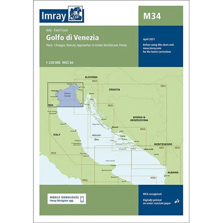 The Imray Chart M34 | Golfo di Venezia by Imray, covering the east coast of Italy, the Gulf of Venice, and surrounding regions including Slovenia, Croatia, Bosnia & Herzegovina, Montenegro, and Albania. Printed on durable Pretex paper for Mediterranean coverage from Trieste to Chioggia.