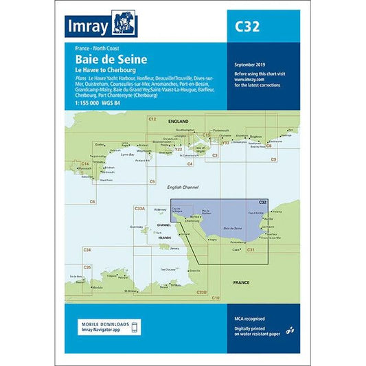 The Imray Chart C32, titled "Baie de Seine," is an ideal navigational tool for offshore passages, detailing the French coastline along the English Channel from Le Havre to Cherbourg. Key sections include Le Havre, Honfleur, and Cherbourg, with updates reflecting Imray chart corrections as of September 2019.