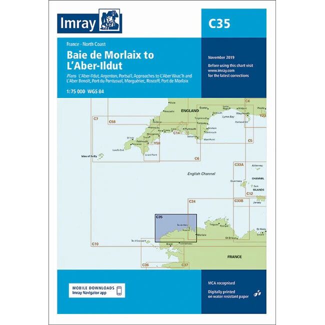 The Imray Chart C35 | Baie de Morlaix to L'Aber-Ildut is a navigational chart encompassing the northern coast of France, featuring detailed insets for Baie de l'Aber-Ildut, Argenton, Portsall, and more. Printed on durable Pretex paper, it showcases the blue and white Imray logo and includes an option for digital download.