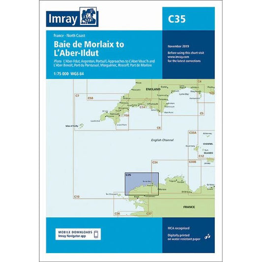 The Imray Chart C35 | Baie de Morlaix to L'Aber-Ildut is a navigational chart encompassing the northern coast of France, featuring detailed insets for Baie de l'Aber-Ildut, Argenton, Portsall, and more. Printed on durable Pretex paper, it showcases the blue and white Imray logo and includes an option for digital download.