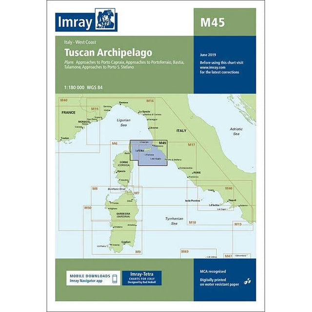 Imray Chart M45 | Tuscan Archipelago by Imray, the latest edition, depicts the Tuscan Archipelago and the west coast of Italy. This Mediterranean navigation chart includes coastal regions and sea approaches around Italy, printed on durable Pretex paper. Detailed navigational areas are boxed, and the chart is dated June 2019.