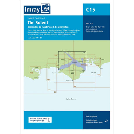 Navigation chart titled "Imray Chart C15 | The Solent" by Imray, covering Bembridge to Hurst Point and Southampton. Includes detailed plans of various marinas and harbors along the coast. The chart is marked with coordinates and grids, indicating a scale of 1:35,000, ideal for The Solent sailing enthusiasts using Imray charts.