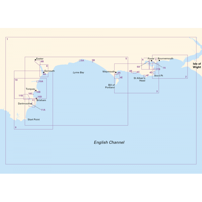 The Imray Chart Pack 2300 | Devon and Dorset Coasts, from the renowned brand Imray, includes detailed navigational charts for the English Channel coastline featuring key locations such as Start Point, Dartmouth, Torquay, Exmouth, Lyme Bay, Weymouth on the Dorset and Devon Coasts, Bill of Portland, St Alban's Head, Anvil Point, Poole, Bournemouth and the Isle of Wight.