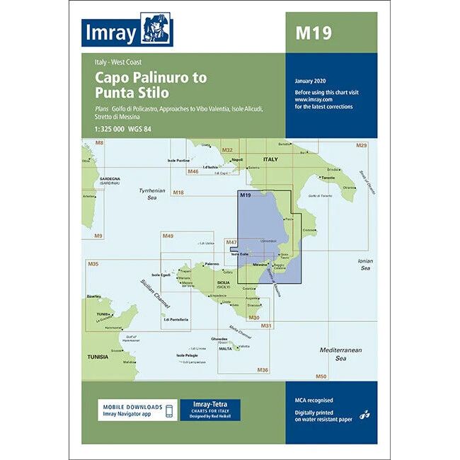 An Imray Chart M19 titled "Capo Palinuro to Punta Stilo," featuring the latest edition from Imray, is available. This Mediterranean navigation chart provides detailed navigational areas, coastal information, and relevant updates on durable Pretex paper. It covers the Tyrrhenian Sea, Ionian Sea, and surrounding regions.