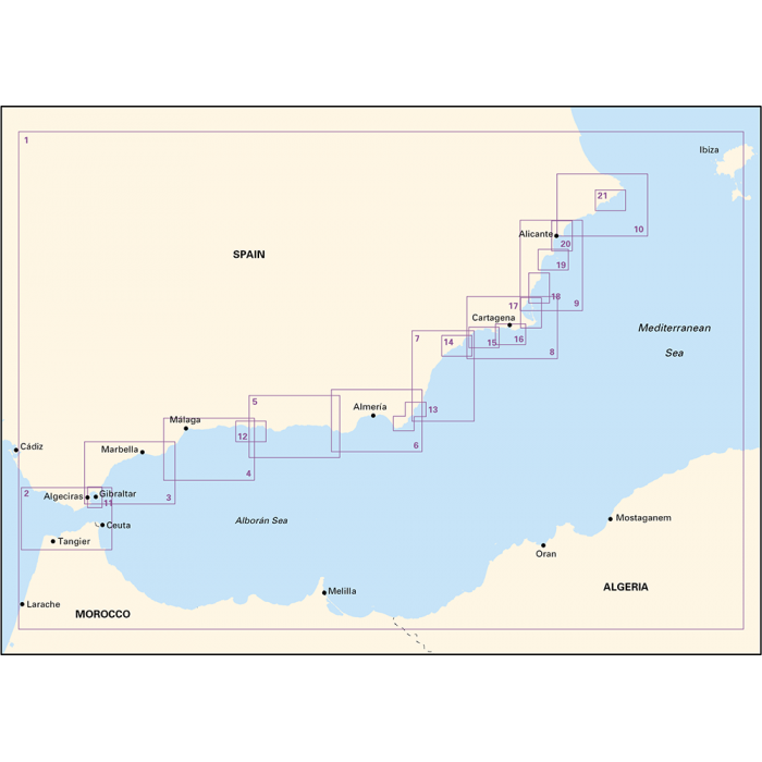 The Imray Chart Pack 3210 | Gibraltar to Cabo de la Nao by Imray offers a detailed map of Mediterranean Spain's Andalusian coast, ideal for coastal navigation. It highlights ocean grid coordinates along the Mediterranean Sea with key cities such as Cádiz, Gibraltar, Málaga, Almería, Cartagena, and Alicante marked by grid numbers from 1 to 21, indicating specific maritime zones.