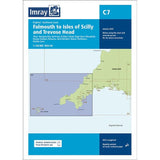 The Imray Chart C7, titled "Falmouth to Isles of Scilly and Trevose Head," is printed on durable Pretex paper and provides detailed navigational information for England's southwest coast, covering both offshore and inshore navigation. It includes key ports such as Falmouth, Penzance, Saint Mary’s, and Mullion Cove.