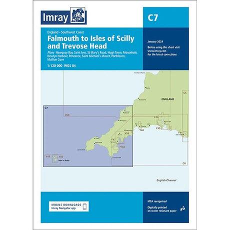 The Imray Chart C7, titled "Falmouth to Isles of Scilly and Trevose Head," is printed on durable Pretex paper and provides detailed navigational information for England's southwest coast, covering both offshore and inshore navigation. It includes key ports such as Falmouth, Penzance, Saint Mary’s, and Mullion Cove.