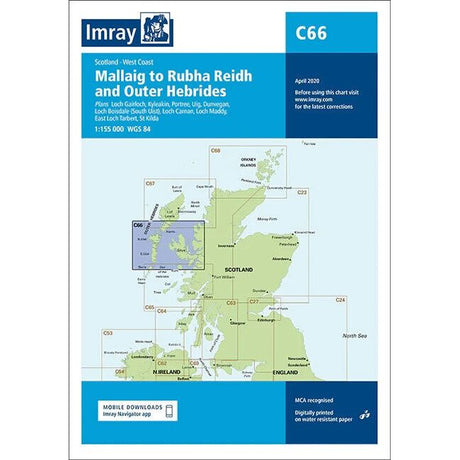 The Imray Chart C66, titled "Mallaig to Rudha Reidh and Outer Hebrides," features detailed maps of Scotland's west coast, including areas such as Mallaig and Lochboisdale. With a scale of 1:215,000, this latest edition from Imray was printed on durable Pretex paper in April 2020.