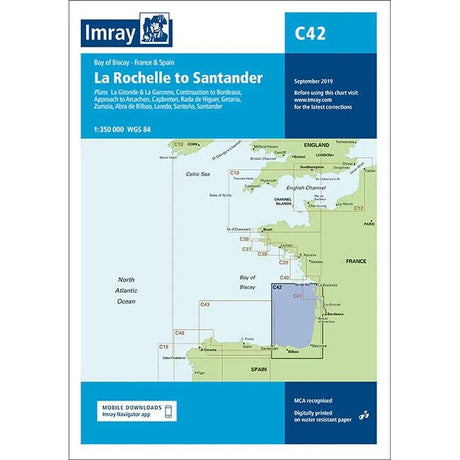 Imray Chart C42 | La Rochelle to Santander is a nautical chart highlighting the route from La Rochelle to Santander. Ideal for inshore navigation, it includes ports like Bordeaux, Royan, Bilbao, and Gijón. Features depth information, landmasses in beige, and water in light blue. Updated September 2019 by Imray.