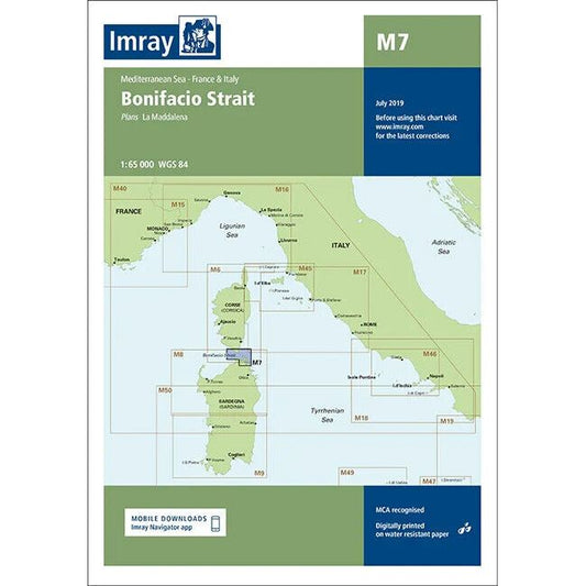 The Imray Chart M7, titled "Bonifacio Strait," is a navigational chart by the brand Imray that covers the Mediterranean Sea region between France and Italy. Printed on durable Pretex paper, it includes detailed coastlines of France, Italy, Corsica, and Sardinia along with essential navigational information. This chart was published in July 2019 and has a scale of 1:65,000.