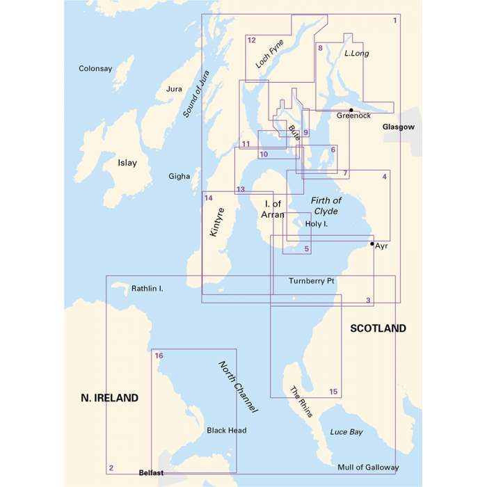 Discover the Imray Chart Pack 2900 | Firth of Clyde including passages to Northern Ireland by Imray, offering a detailed map of Scotland and Northern Ireland. This chart features key water bodies and locations such as the Firth of Clyde, Isle of Arran, Glasgow, Belfast, and the North Channel. Ideal for enthusiasts using Clyde Cruising Club sailing directions, this map also showcases various islands and geographic boundaries.