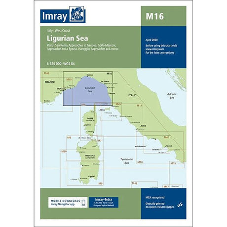 The Imray Chart M16 | Ligurian Sea features a nautical chart with a light green background, titled "Ligurian Sea, Italy - West Coast." It includes labels for large bodies of water, national borders, and ports. This latest edition from Imray is printed on durable Pretex paper and was published in April 2020. The chart number is M16.