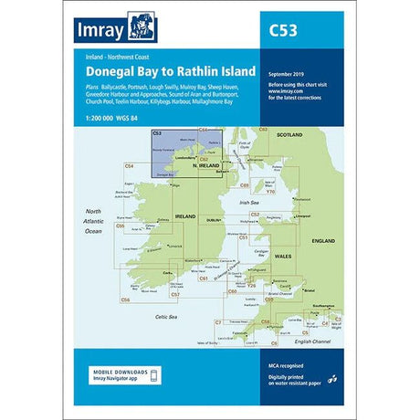 The Imray Chart C53, titled "Donegal Bay to Rathlin Island," offers a detailed depiction of the northwest coast of Ireland, including maps of bays and ports. This chart features an inset map, publication details from September 2019, and a downloadable app option for enhanced navigation. Published by Imray最新版, it emphasizes offshore navigation for mariners.

