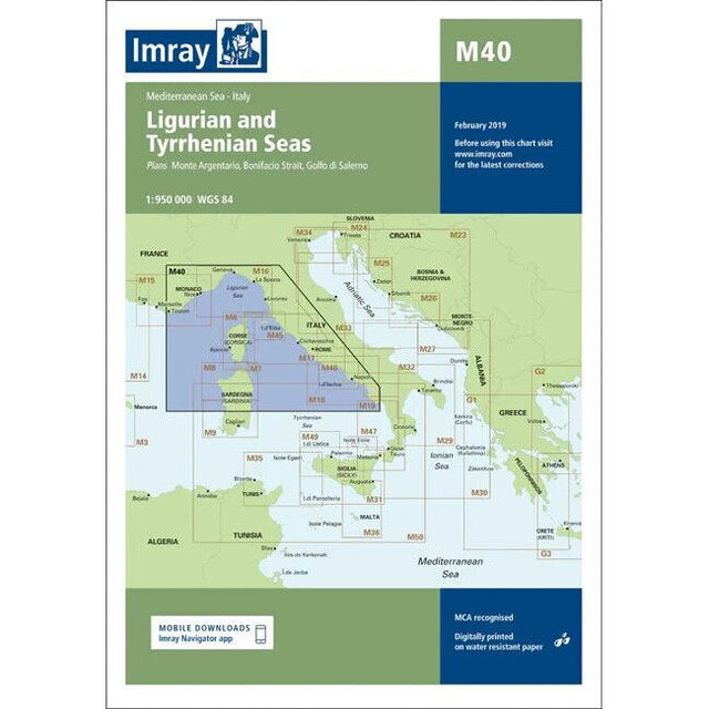 The Imray Chart M40 | Ligurian and Tyrrhenian Seas is a navigational map by Imray, detailing coastal areas, islands, and key points such as Monte Argentario, Bonifacio Strait, Gulf of Salerno. Ideal for Mediterranean navigation with chart updates info and mapping coordinates (WGS 84). Printed on durable Pretex paper.