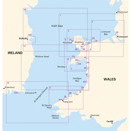 The Imray Chart Pack 2700 | North and West Wales, produced by Imray, uses UKHO data to display various navigation zones labeled with alphanumeric codes. The chart shows the coastlines of eastern Ireland and western Wales, including Dublin, Holyhead, Liverpool, St. George's Channel, and Swansea.